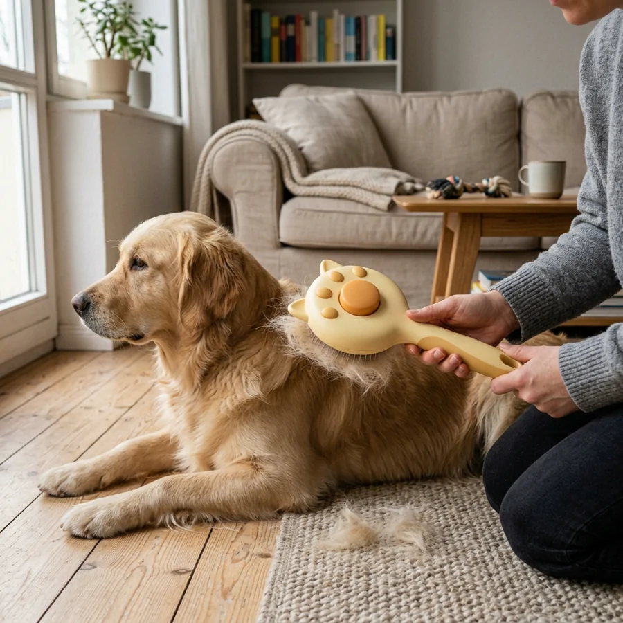 Golden Retriever neben der Fellbürste